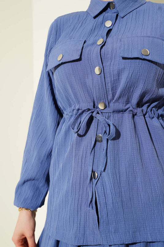 Ensemble deux pièces avec jupe tunnel à boutons-pression, couleur indigo