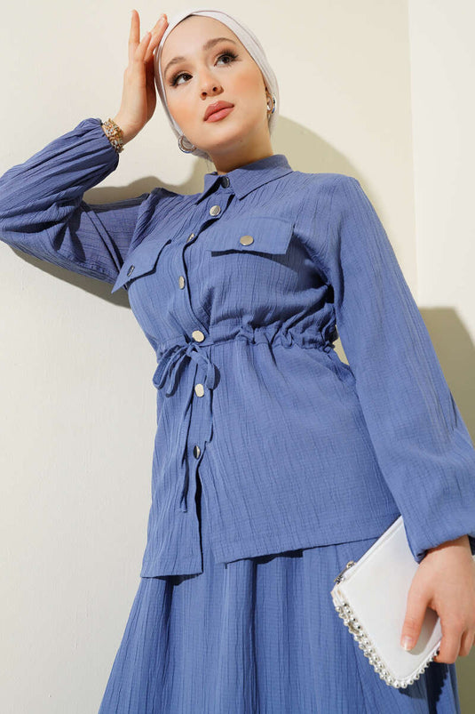 Ensemble deux pièces avec jupe tunnel à boutons-pression, couleur indigo