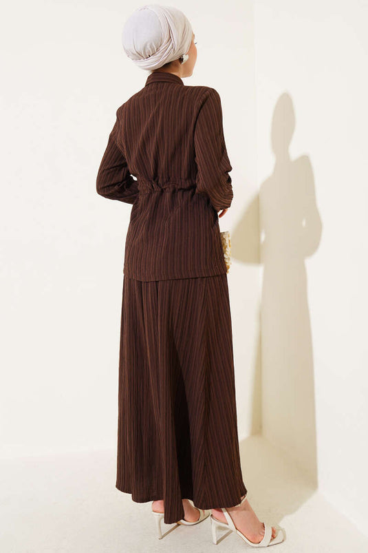 Çıtçıt Düğmeli Bel Tünelli Etekli İkili Takım Kahve