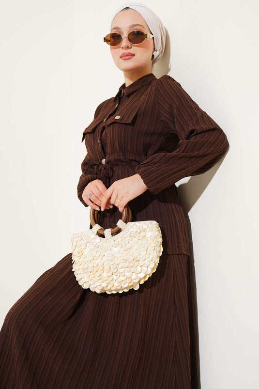 Çıtçıt Düğmeli Bel Tünelli Etekli İkili Takım Kahve