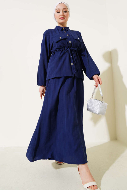 Snap Button Waist Tunnel Skirted Two Piece Suit Navy Blue