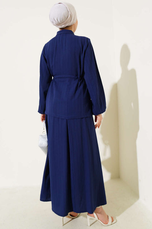 Snap Button Waist Tunnel Skirted Two Piece Suit Navy Blue