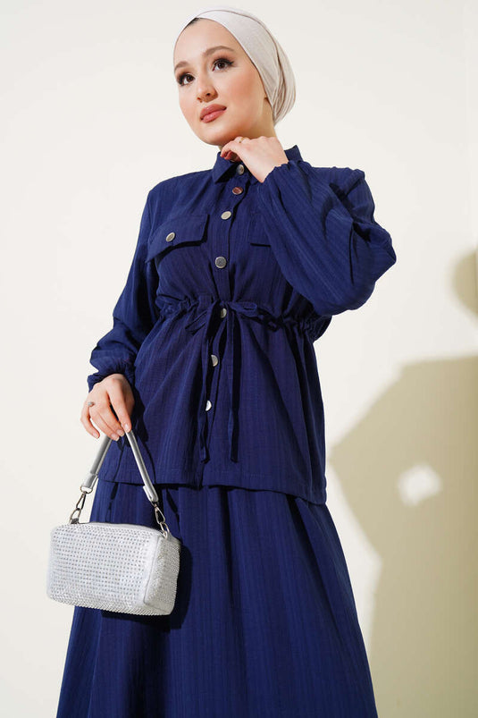 Snap Button Waist Tunnel Skirted Two Piece Suit Navy Blue