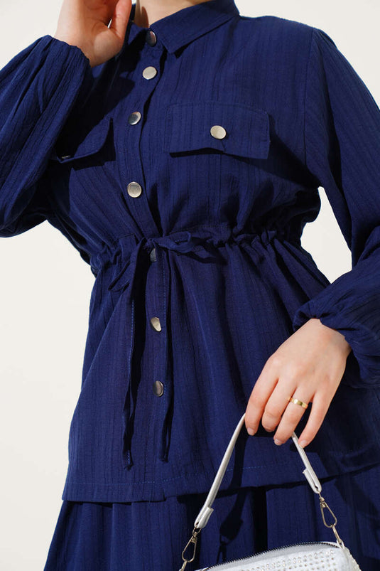 Snap Button Waist Tunnel Skirted Two Piece Suit Navy Blue