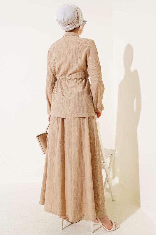 Çıtçıt Düğmeli Bel Tünelli Etekli İkili Takım Latte