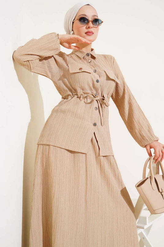 Çıtçıt Düğmeli Bel Tünelli Etekli İkili Takım Latte