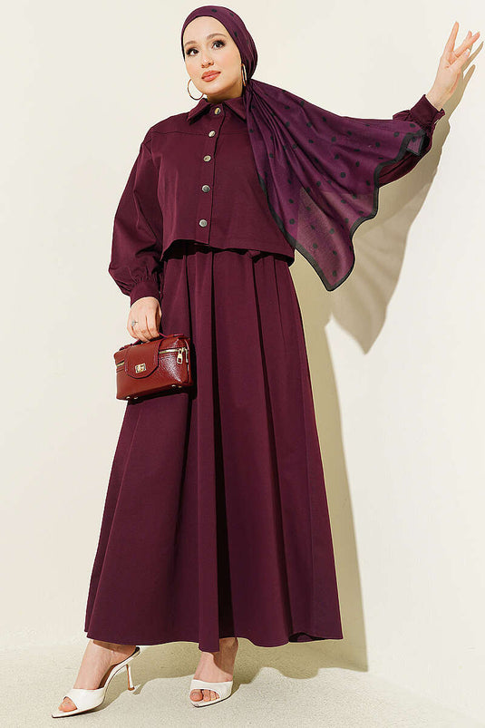 Snap Button Jacket Pinafore Set Burgundy