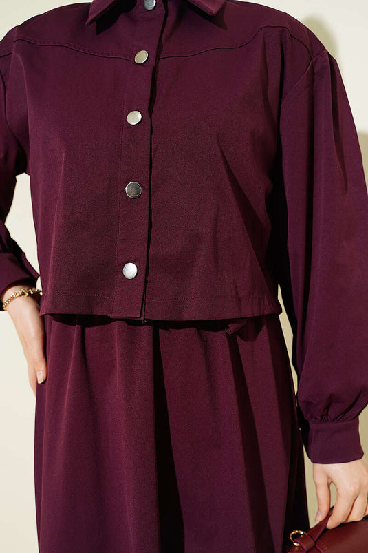 Snap Button Jacket Pinafore Set Burgundy