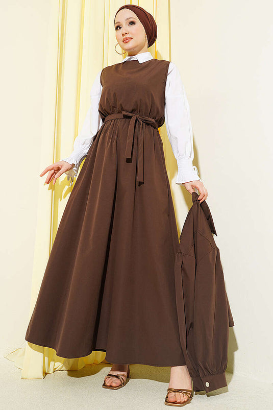 Snap Button Jacket Pinafore Set Brown