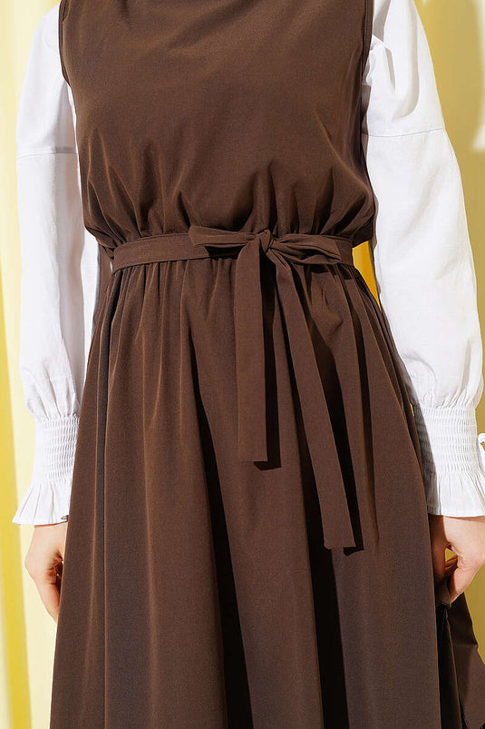 Snap Button Jacket Pinafore Set Brown