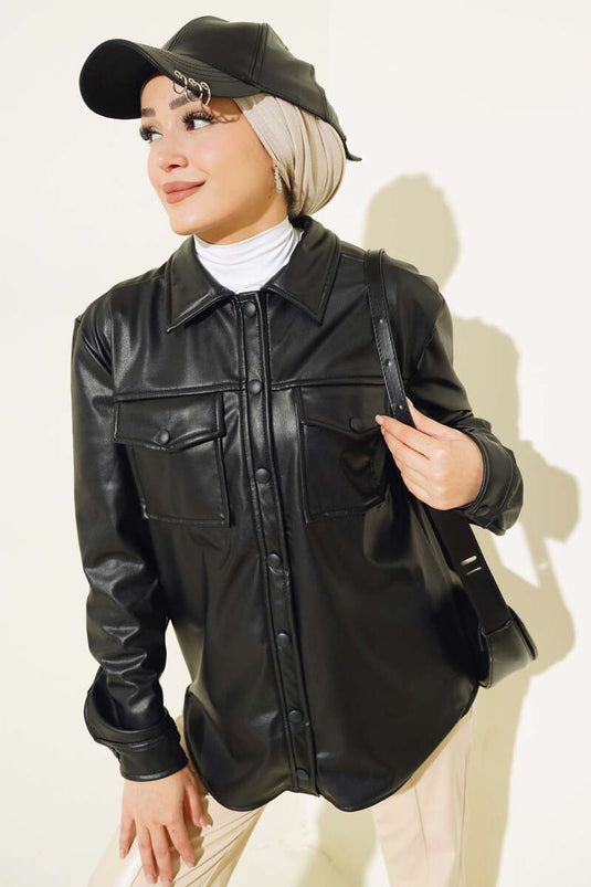 Snap Button Pocket Leather Shirt Black