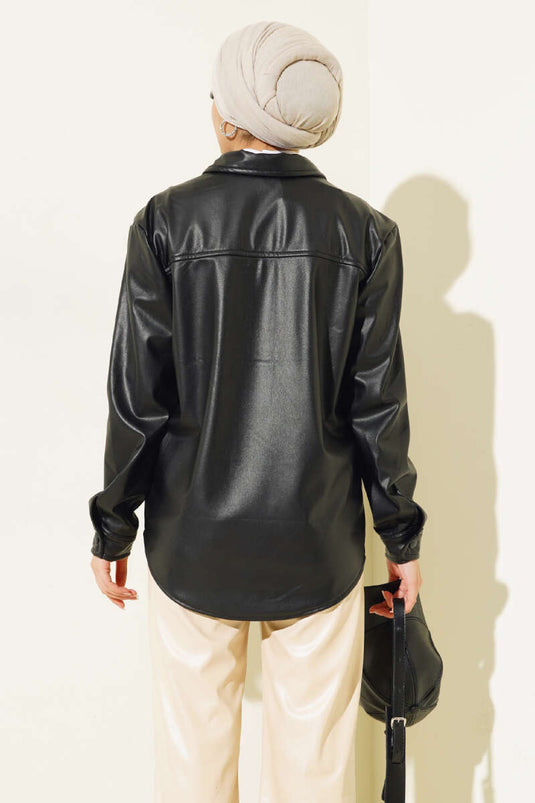 Snap Button Pocket Leather Shirt Black