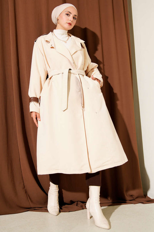 Snap Button Leather Detailed Trench Coat Ecru