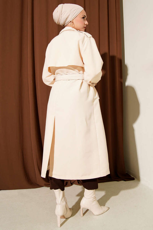 Snap Button Leather Detailed Trench Coat Ecru