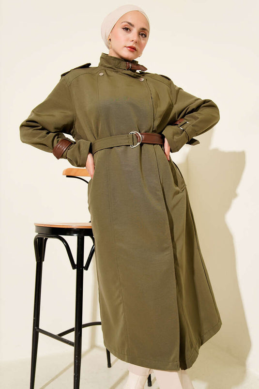 Snap Button Leather Detailed Trench Coat Khaki