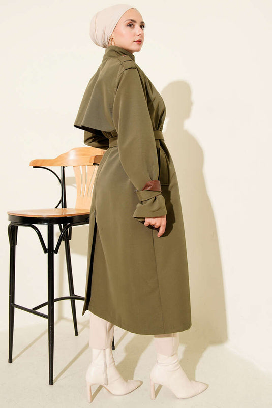 Snap Button Leather Detailed Trench Coat Khaki