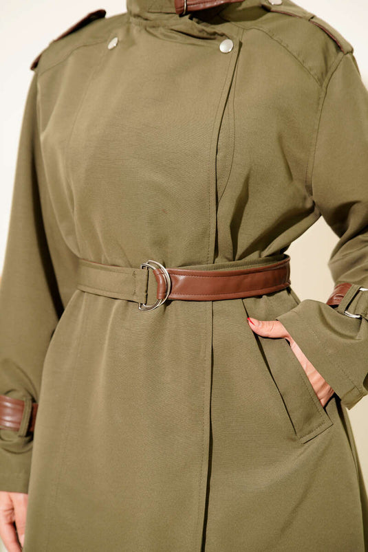 Snap Button Leather Detailed Trench Coat Khaki