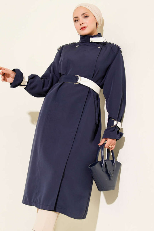 Snap Button Leather Detailed Trench Coat Navy Blue