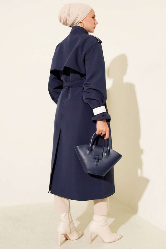 Snap Button Leather Detailed Trench Coat Navy Blue