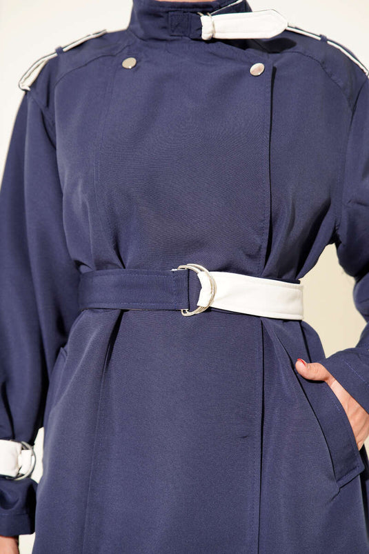 Snap Button Leather Detailed Trench Coat Navy Blue