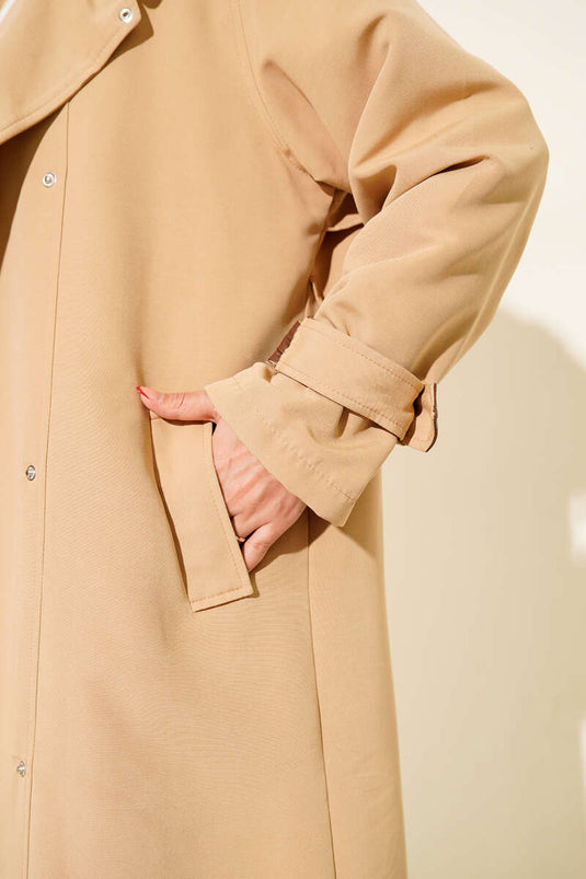 Çıtçıt Düğmeli Deri Detaylı Trençkot Latte