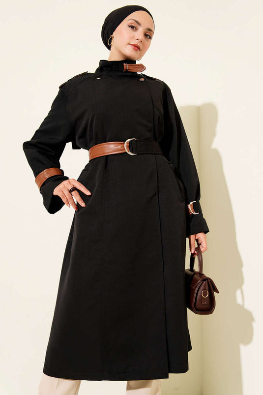 Snap Button Leather Detailed Trench Coat Black