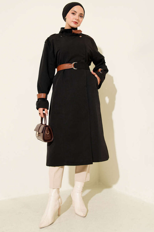 Snap Button Leather Detailed Trench Coat Black