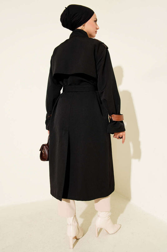 Snap Button Leather Detailed Trench Coat Black