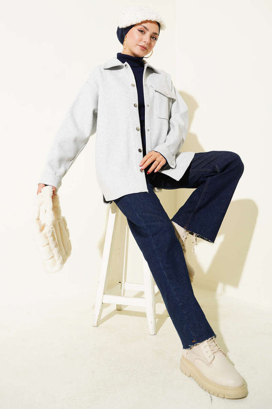 Veste en cachemire à col chemise à boutons-pression gris clair