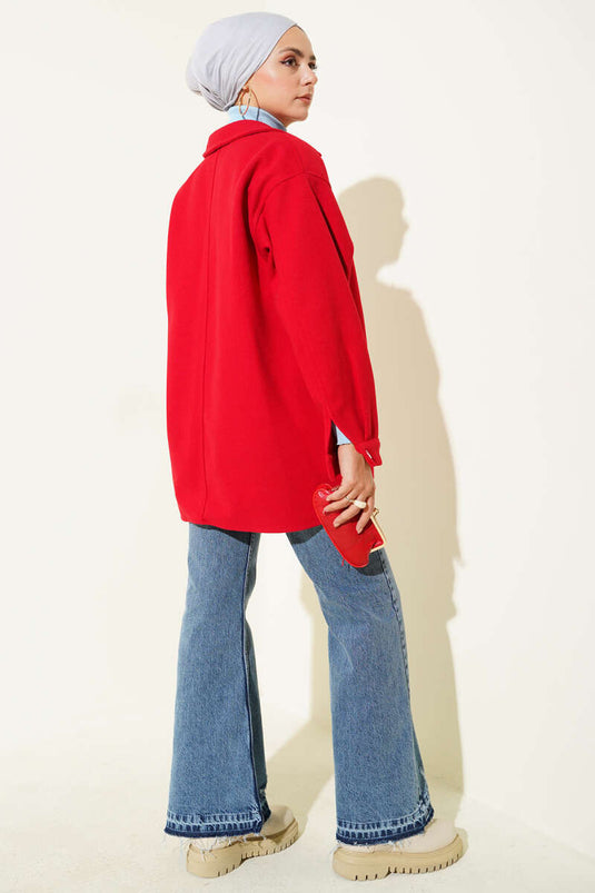 Veste en cachemire à col chemise à boutons-pression rouge