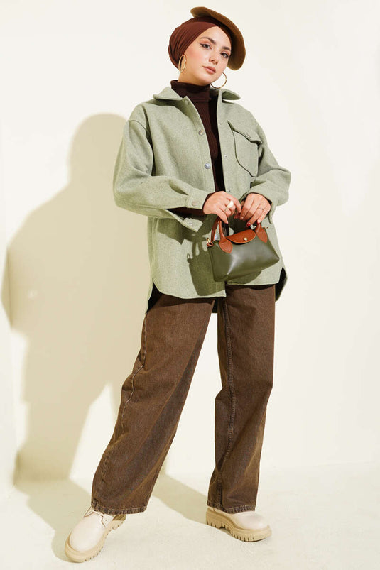 Veste en cachemire à col chemise à boutons-pression vert aqua