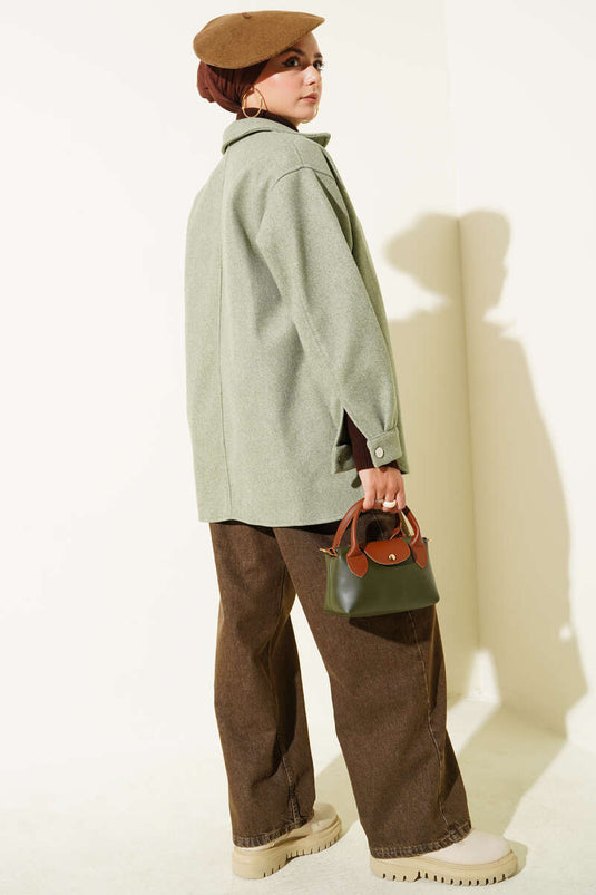 Veste en cachemire à col chemise à boutons-pression vert aqua