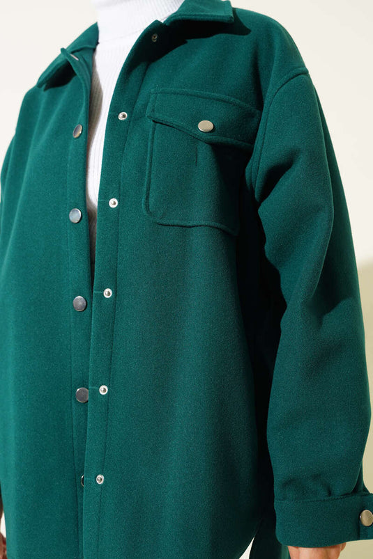 سترة كاش بياقة القميص المزودة بأزرار الضغط زمرد