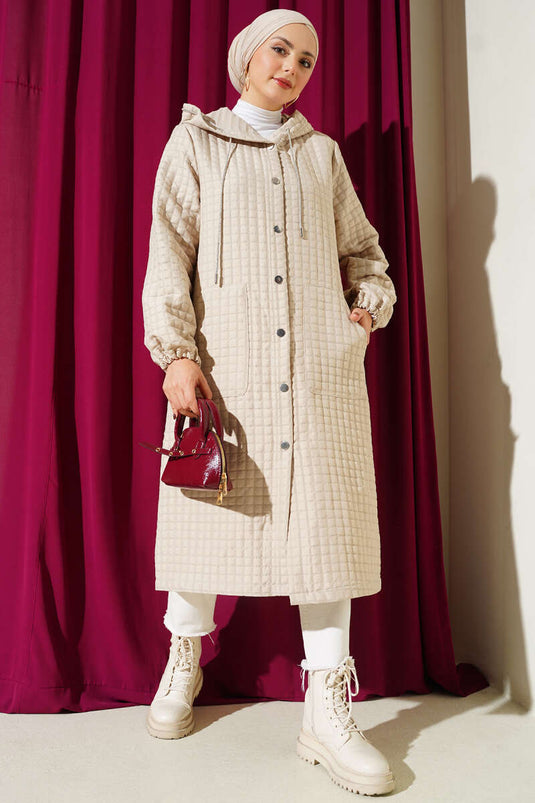 Gesteppte Kapuzenjacke mit Druckknopfverschluss, Beige