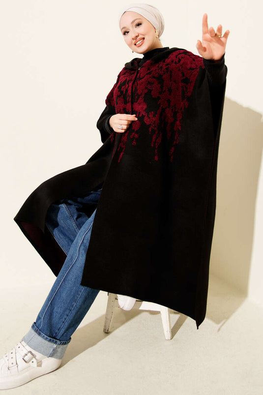 Çıtçıt Düğmeli Kapüşonlu Triko Panço Bordo