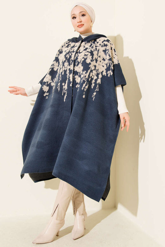 Poncho de punto con capucha y botones a presión, color índigo