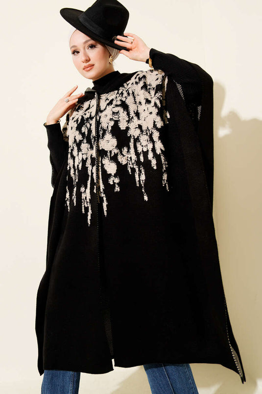 Poncho de punto con capucha y botones a presión, negro