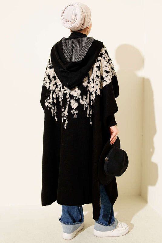 Poncho de punto con capucha y botones a presión, negro