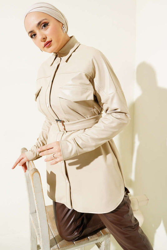 Snap Button Belted Leather Shirt Beige