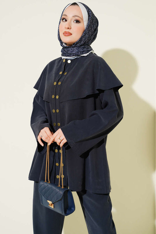 Snap Button Cape Modal Two-Piece Set Navy Blue