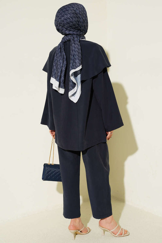 Snap Button Cape Modal Two-Piece Set Navy Blue