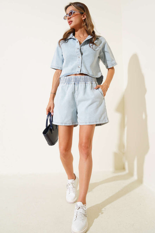 Ensemble deux pièces short en jean à boutons-pression, couleur neige claire