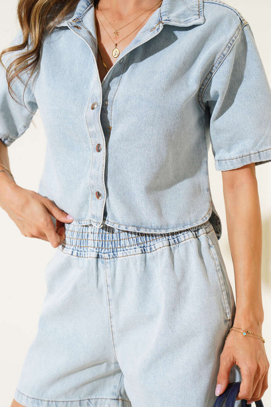 Ensemble deux pièces short en jean à boutons-pression, couleur neige claire