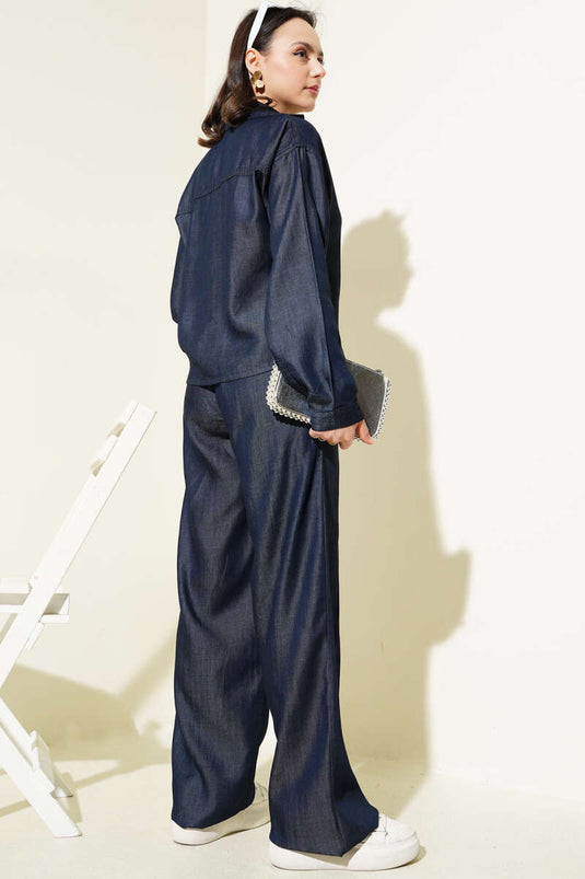 Ensemble deux pièces en denim Tencel à boutons-pression bleu marine