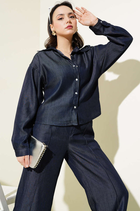 Ensemble deux pièces en denim Tencel à boutons-pression bleu marine