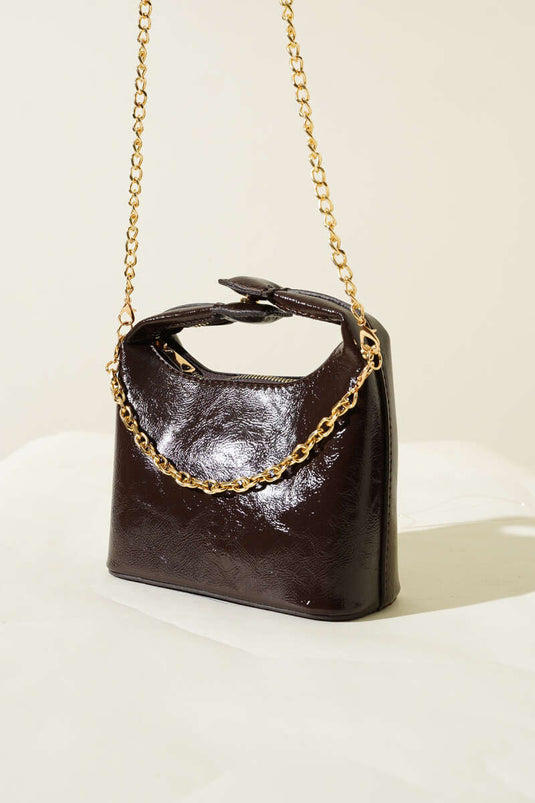 Snap Handle Chain Strap Patent Leather Bag Bitter Coffee