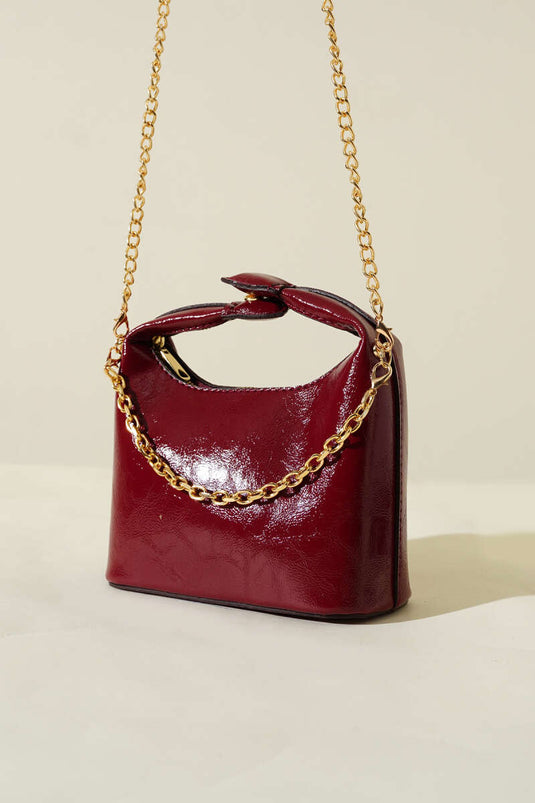 Snap Handle Chain Strap Patent Leather Bag Burgundy
