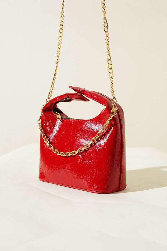 Snap Handle Chain Strap Patent Leather Bag Red