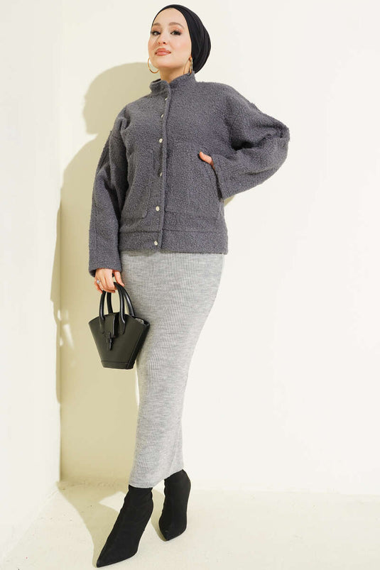 Çıtçıtlı Buklet Cepli Ceket Füme