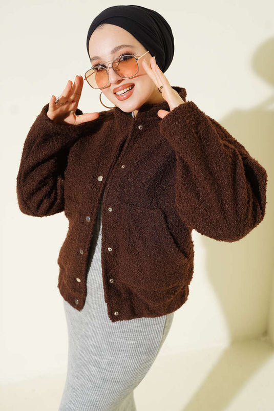 Çıtçıtlı Buklet Cepli Ceket Kahve